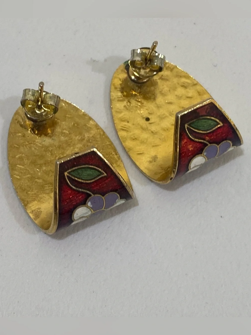 Vintage Cloisonne Enamel Floral Earrings Butterfly Red Gold Tone J Hoop Post